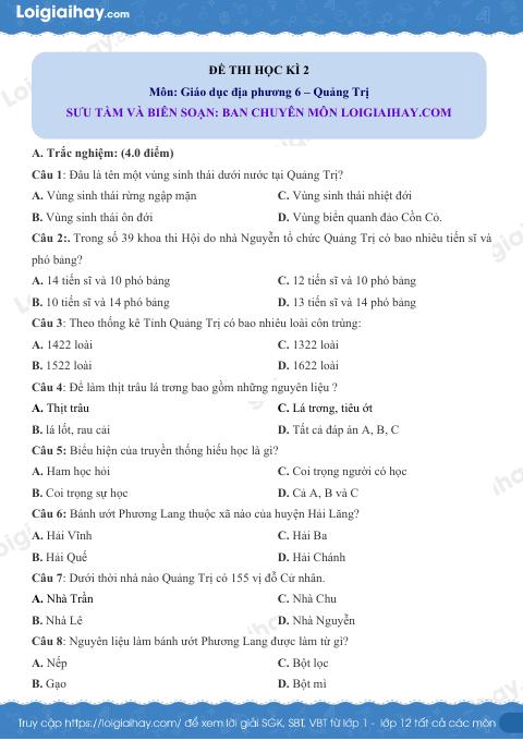 Đề thi HK2 GDĐP 6 Quảng Trị - loigiaihay.com